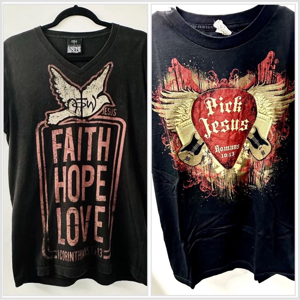2 Black Short Sleeve Tees with Religious Graphics